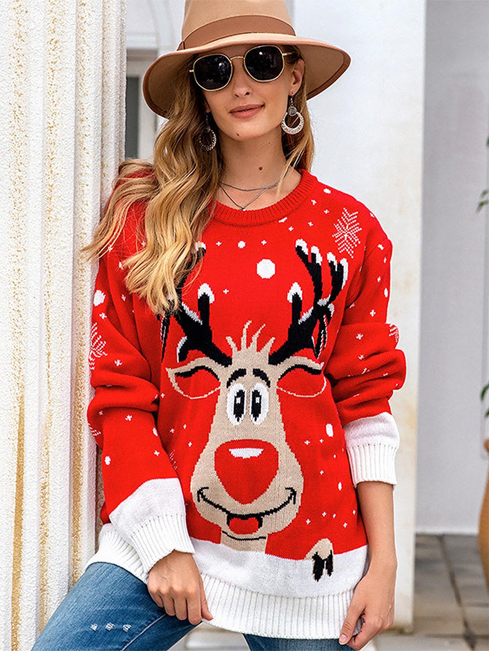 Stilla | Overdimensioneret sweater i jacquard-strik med rensdyrmotiv