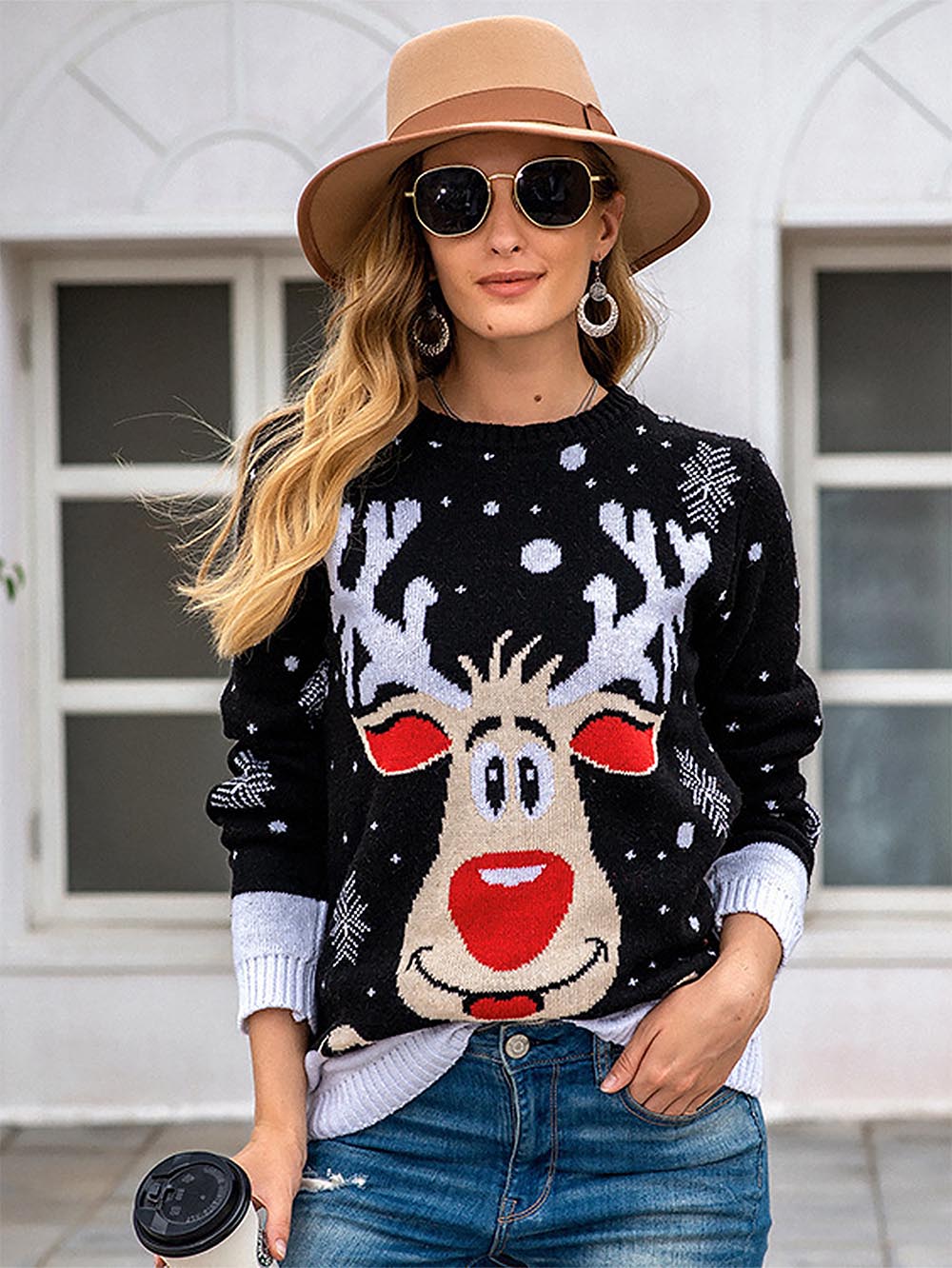 Stilla | Overdimensioneret sweater i jacquard-strik med rensdyrmotiv
