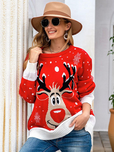 Stilla | Overdimensioneret sweater i jacquard-strik med rensdyrmotiv