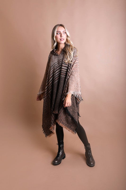 Stilla | Tweed Hættetrøje Franset Kant Poncho