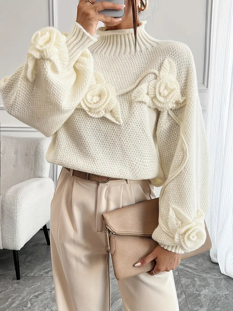 Stilla | Rullekrave strikbluse med blomster