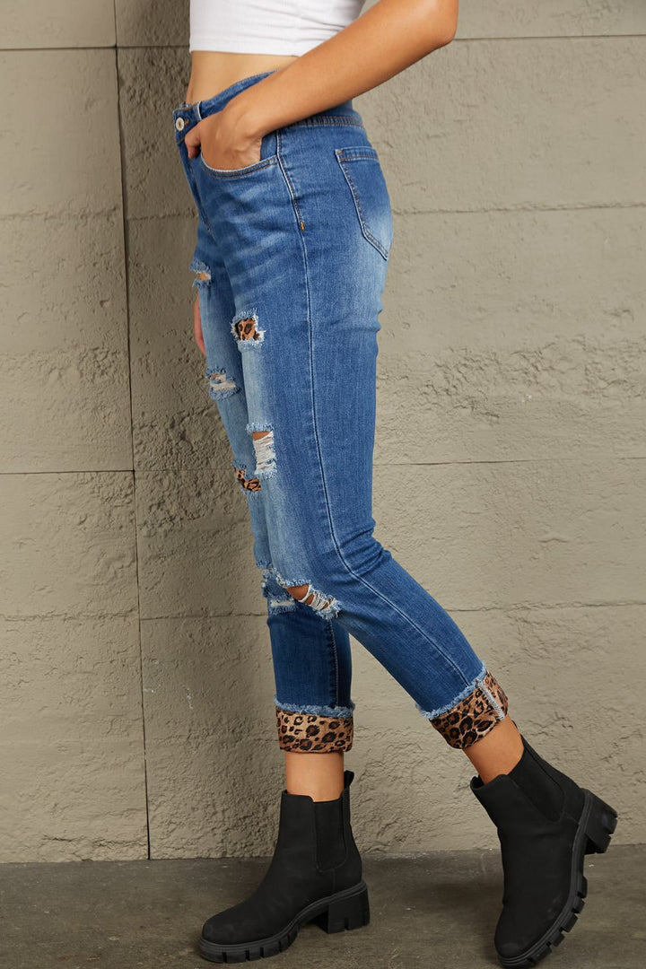 Stilla | Leopard Patch Distressed Cropped Jeans
