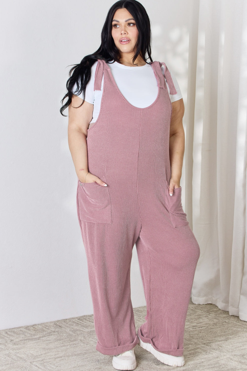 Stilla | Full Size Ribbede Knytte Skulder Ærmeløs Ankel Overalls