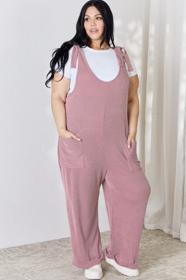 Stilla | Full Size Ribbede Knytte Skulder Ærmeløs Ankel Overalls