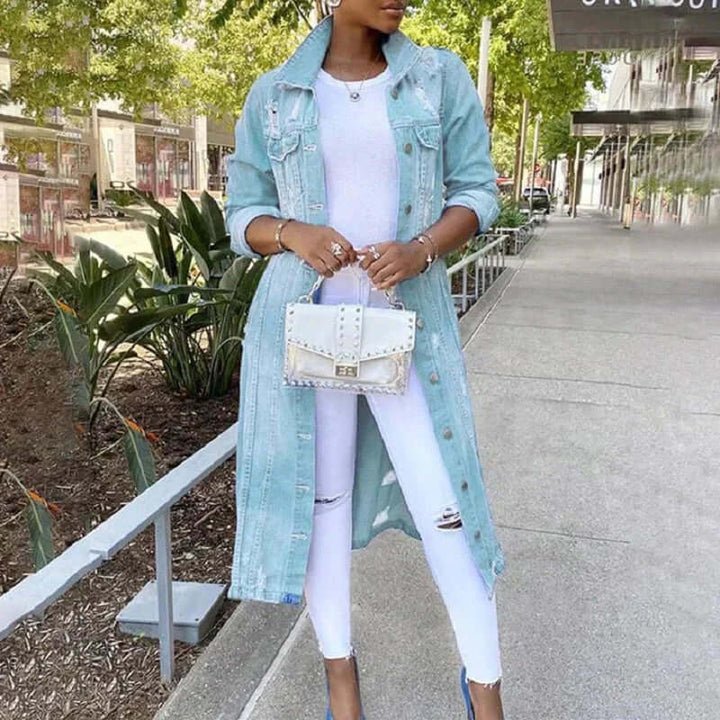 Stilla | Trenchcoat Denim Relaxed Fit Distressed Fuldstændig Knap Front