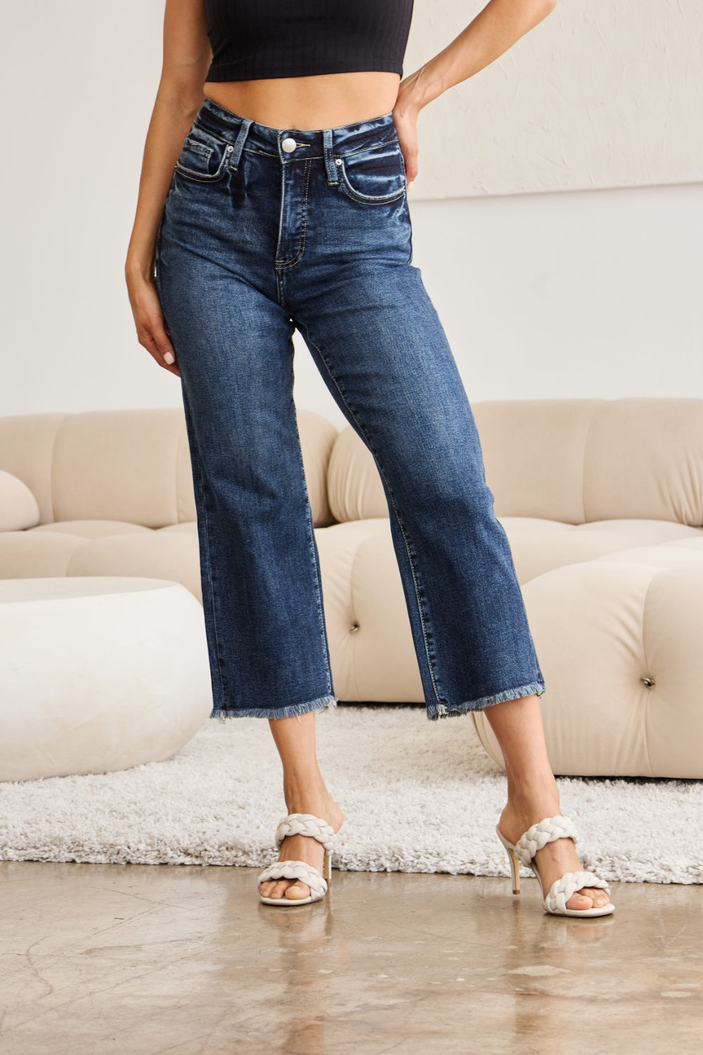Stilla | Full Size Tummy Control High Waist Raw Hem Jeans