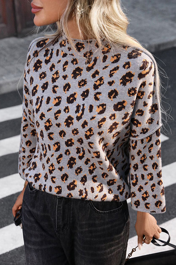 Stilla | Cozy Striktrøje med Leopardprint og Løs Rolledneck