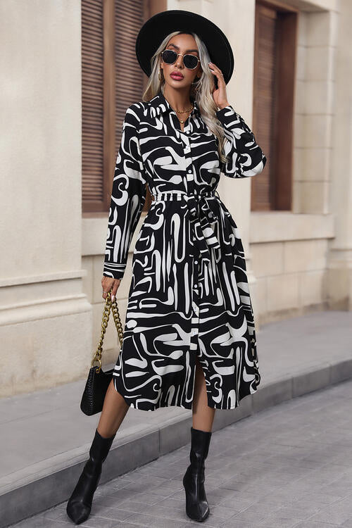 Stilla | Tie Front Collared Neck Slit Shirt Dress