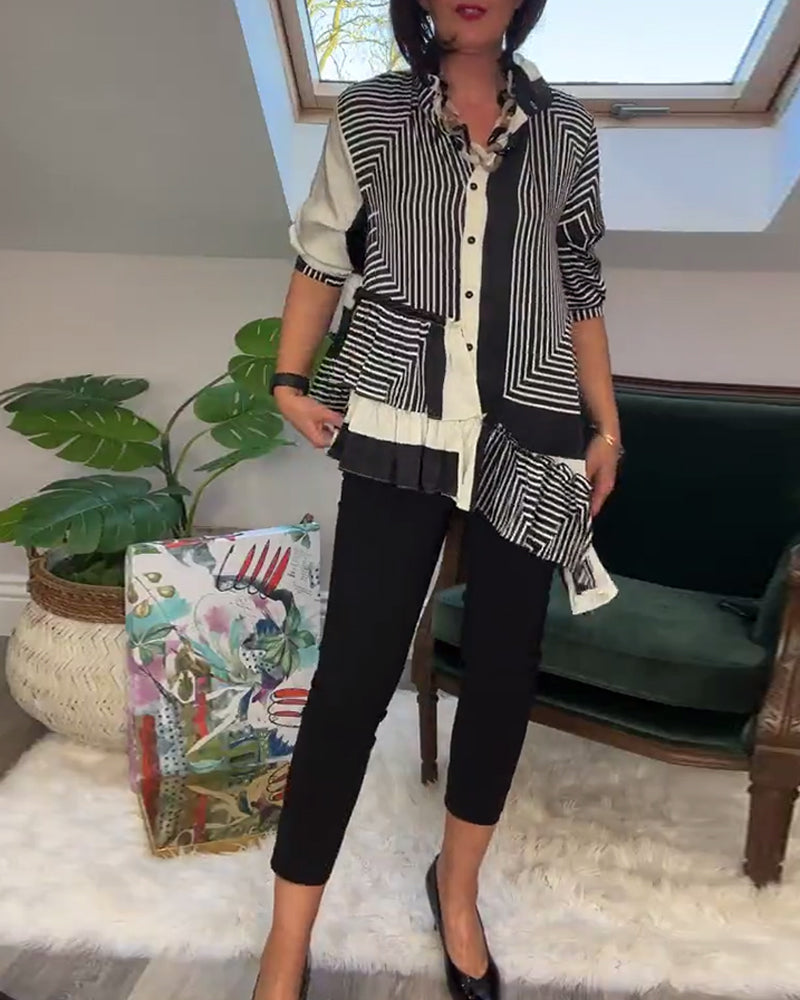 Stilla | Trykt Skjorte med Uregelmæssig Patchwork og Knapper
