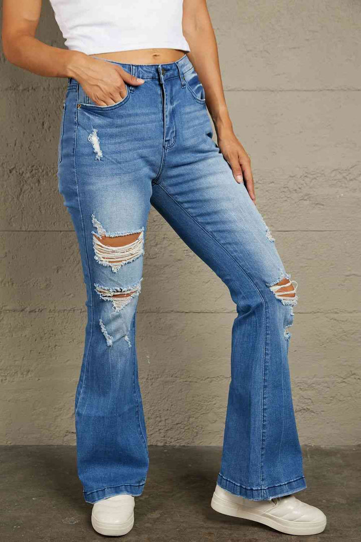 Stilla | Distressed Flare Leg Jeans Med Lommer