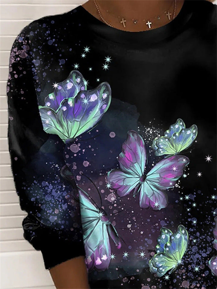 Stilla | Kvinders T-shirts Sommerfugl Print Rund Hals Lange Ærmer T-shirt