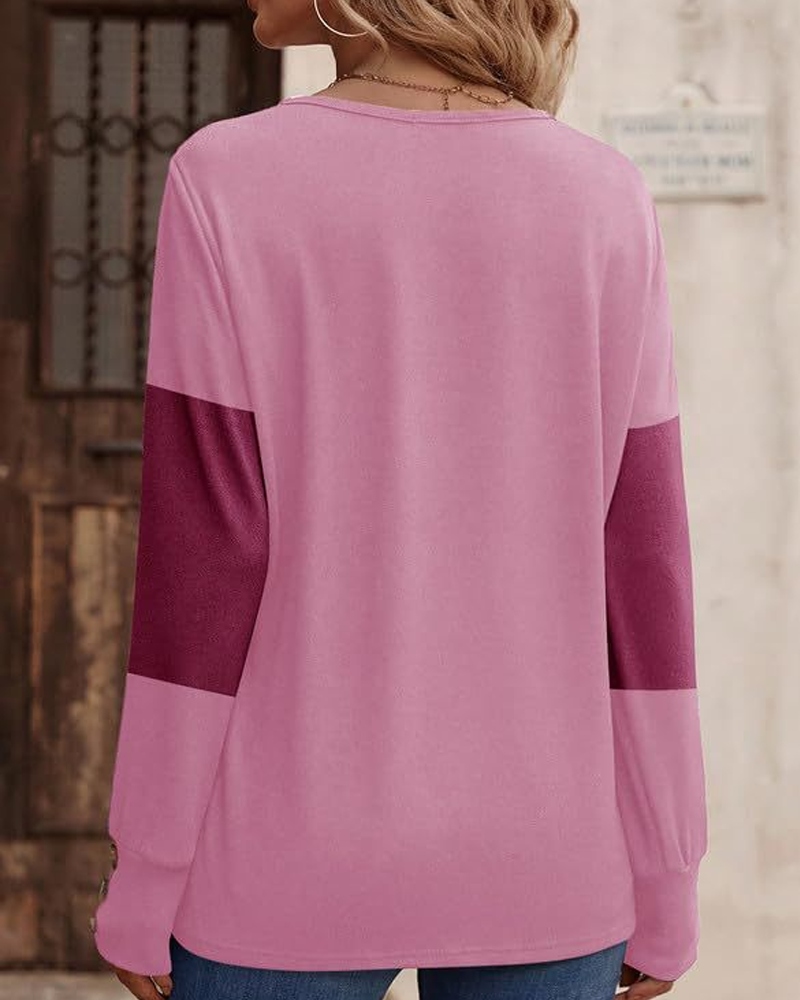 Stilla | Shirt Dame Colorblock Tryk Knap Deko Faldende Skulder