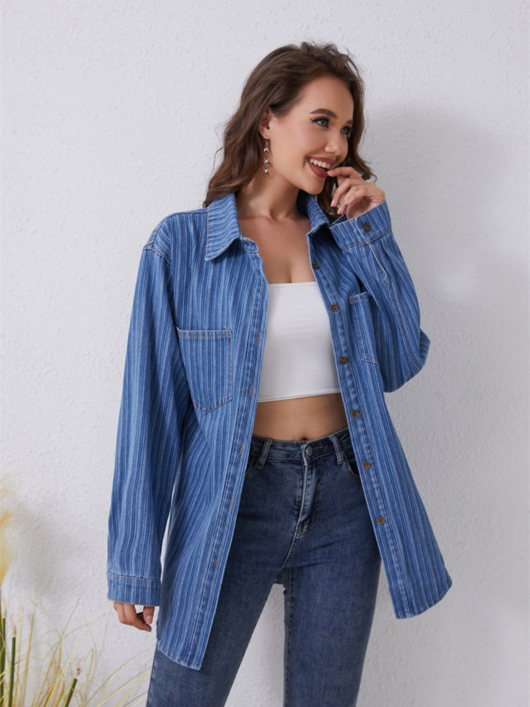 Stilla | Stribet Knappet Op Denim Skjorte
