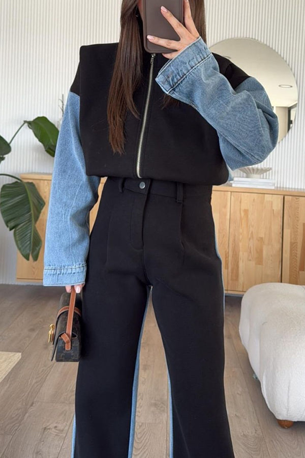 Stilla | Casual Denim Patchwork Sweatshirt Jakke med Lynlås