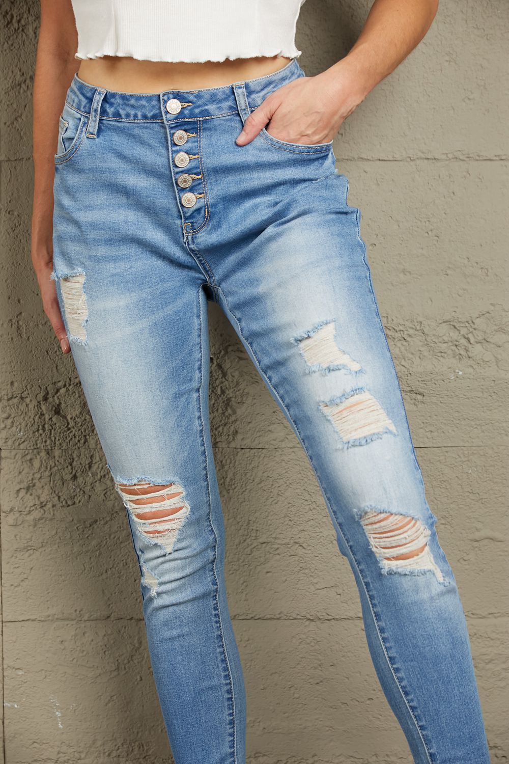 Stilla | Knap Front Flosset Ankeldybde Skinny Jeans