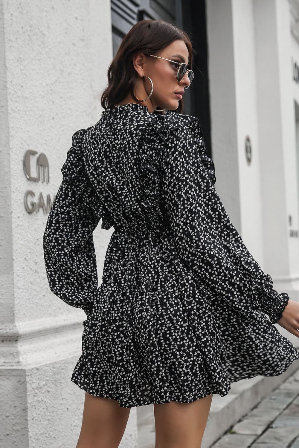 Stilla | Ruffle Trim Smocked Long Sleeve Mini Dress