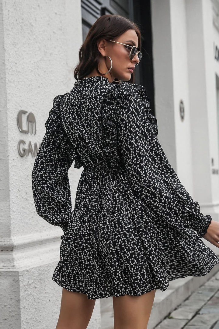 Stilla | Ruffle Trim Smocked Long Sleeve Mini Dress