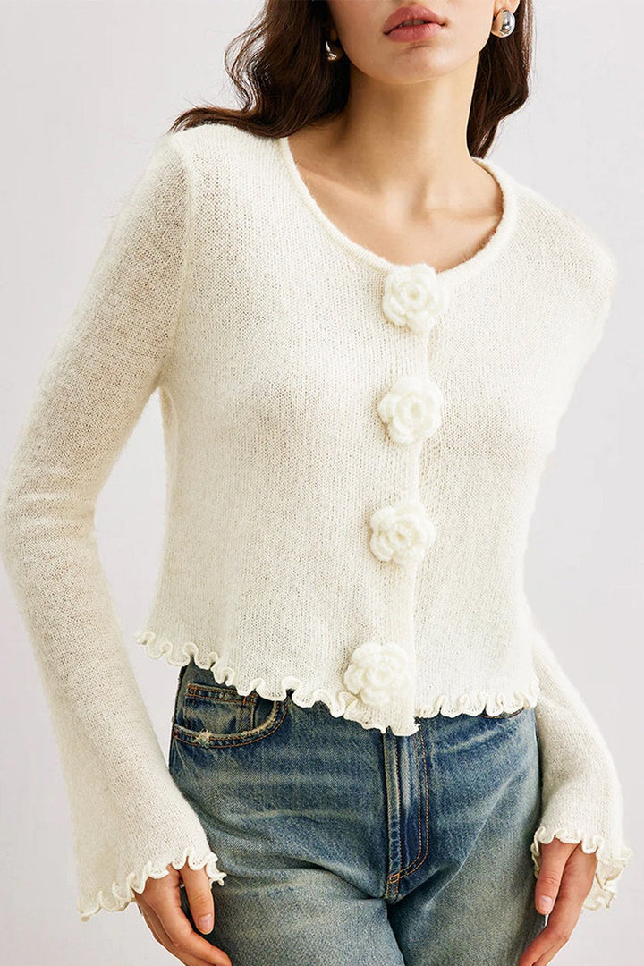 Stilla | Slim, Floral Strik Cardigan med Flæser