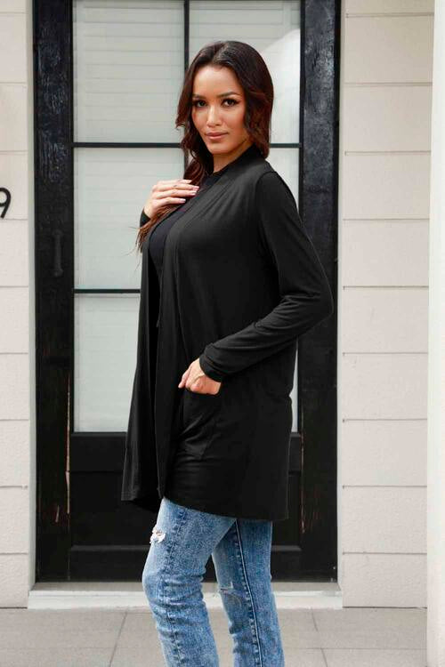 Stilla | Bae Full Size Åben Front Langærmet Cardigan Med Lommer