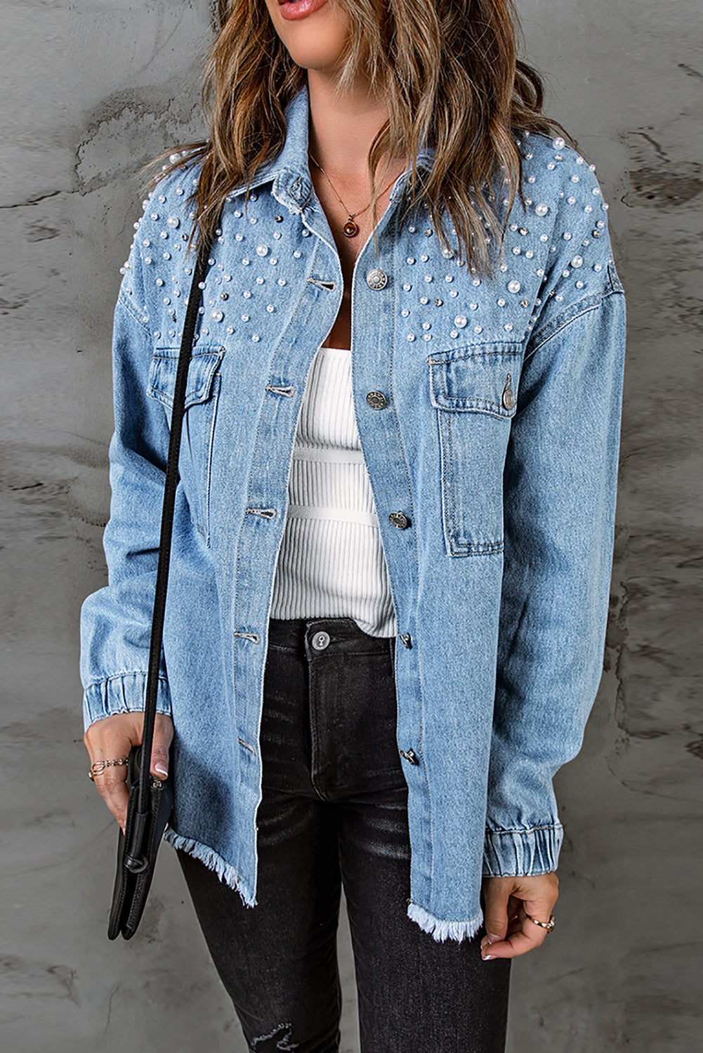 Stilla | Detalje Knap Op Raw Hem Denim Jakke