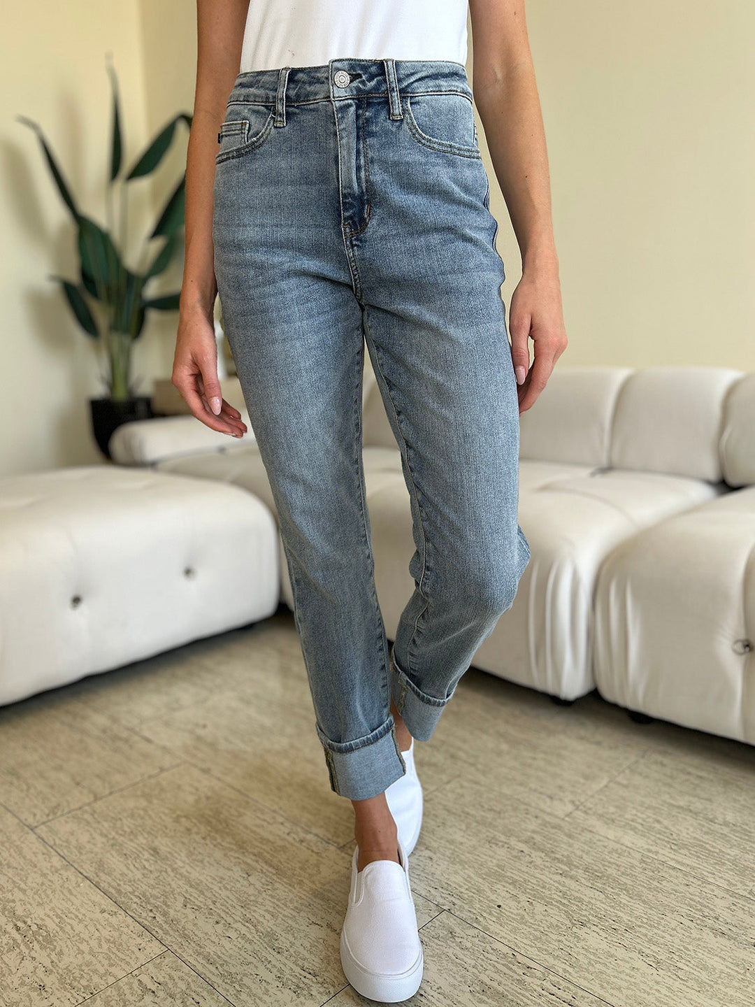 Stilla | Blå Størrelse Høj Talje Cuff Hem Skinny Jeans