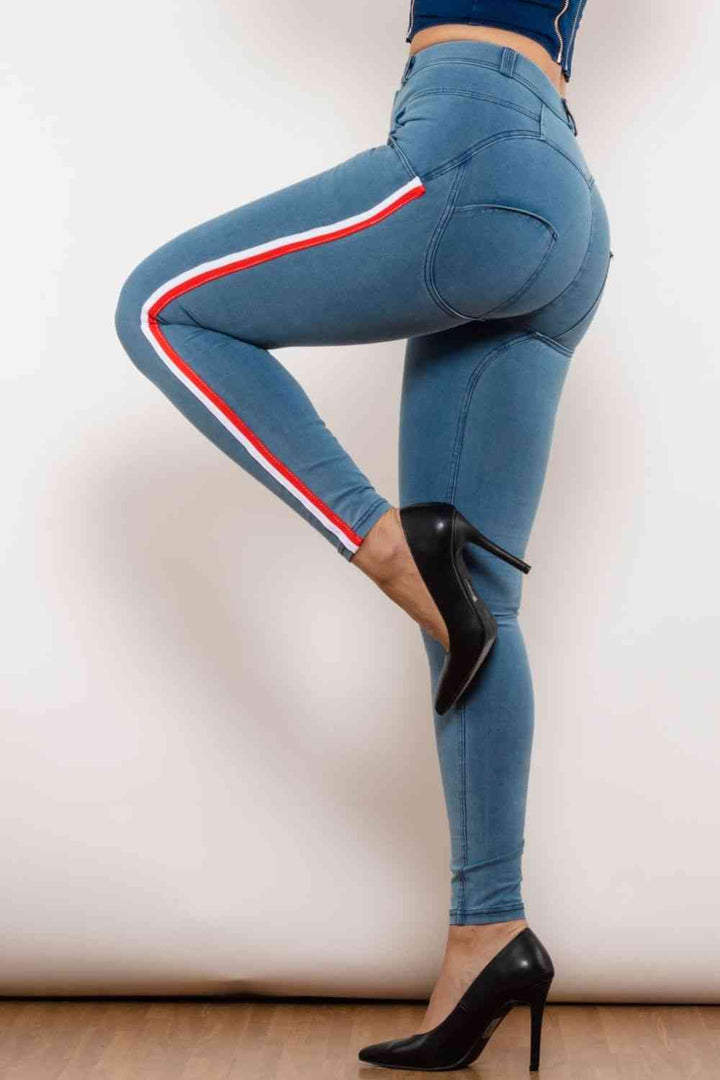 Stilla | Stribet Kontrast Knapper Skinny Jeans
