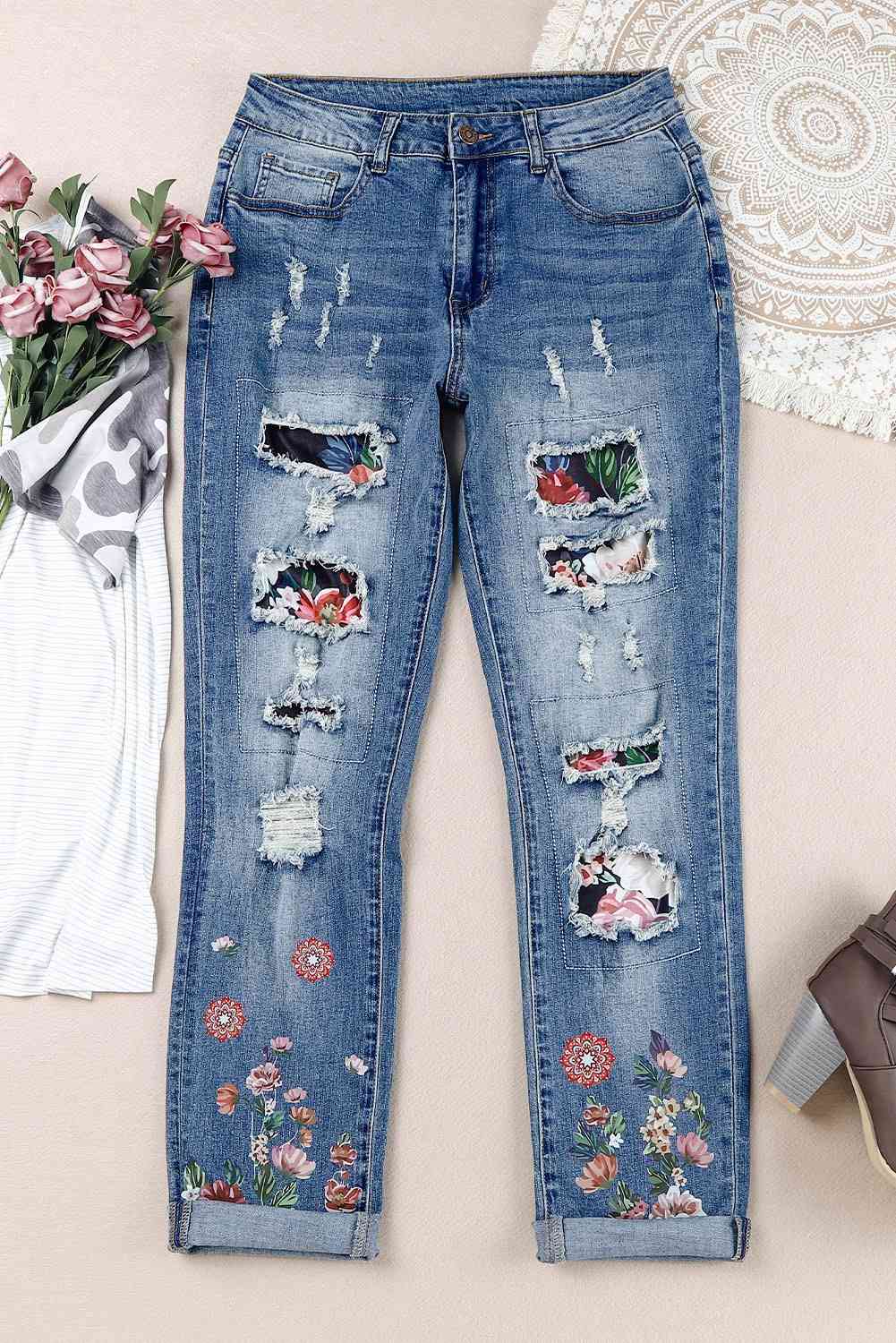 Stilla | Grafisk Patchwork Slidte Jeans
