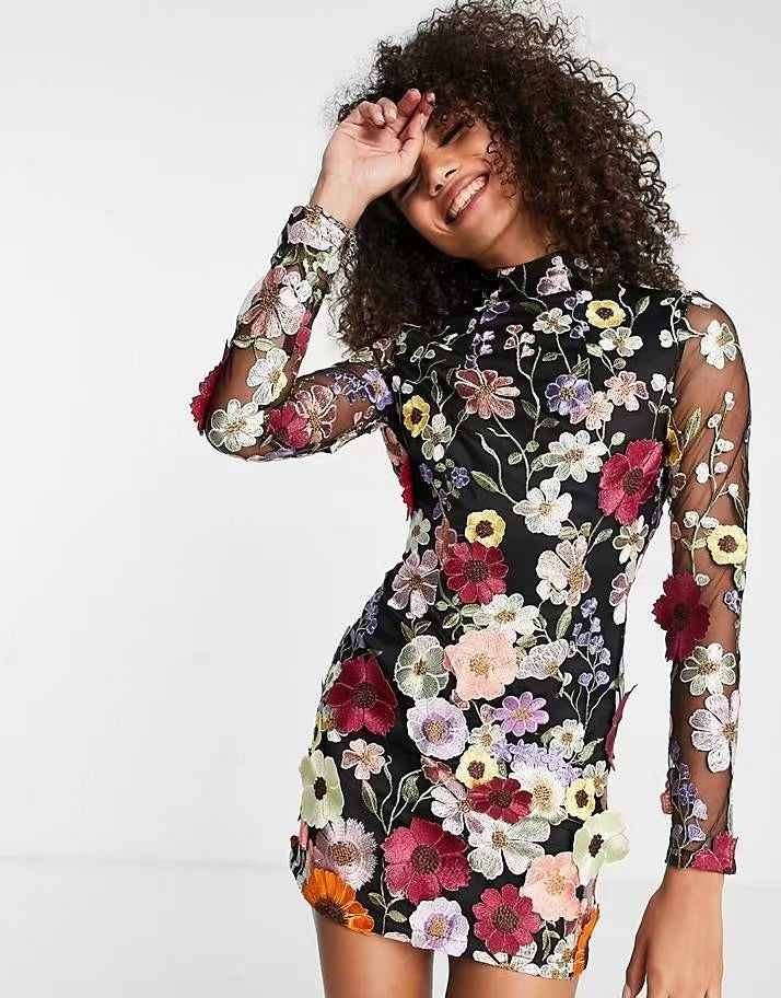 Stilla | Kort Kjole Med Beståede Blomster, Lange Ærmer