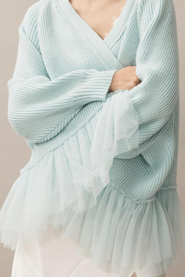 Stilla | Strik Cardigan med Mesh Flæse og Lange Ærmer
