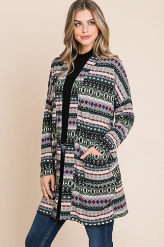 Stilla | Geometrisk Åben Front Langærmet Cardigan med Lommer