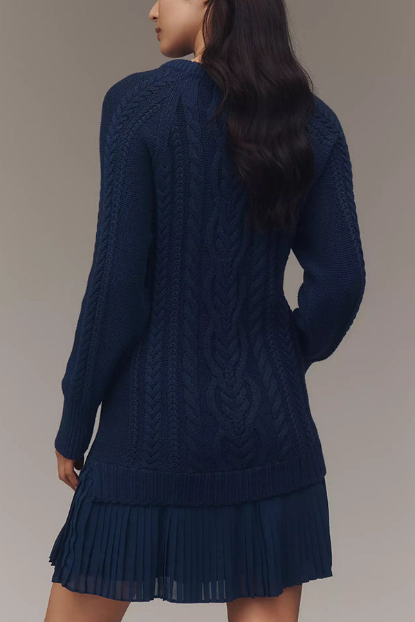 Stilla | Strik Sweater Kjole med Plisseret Chiffon Kant