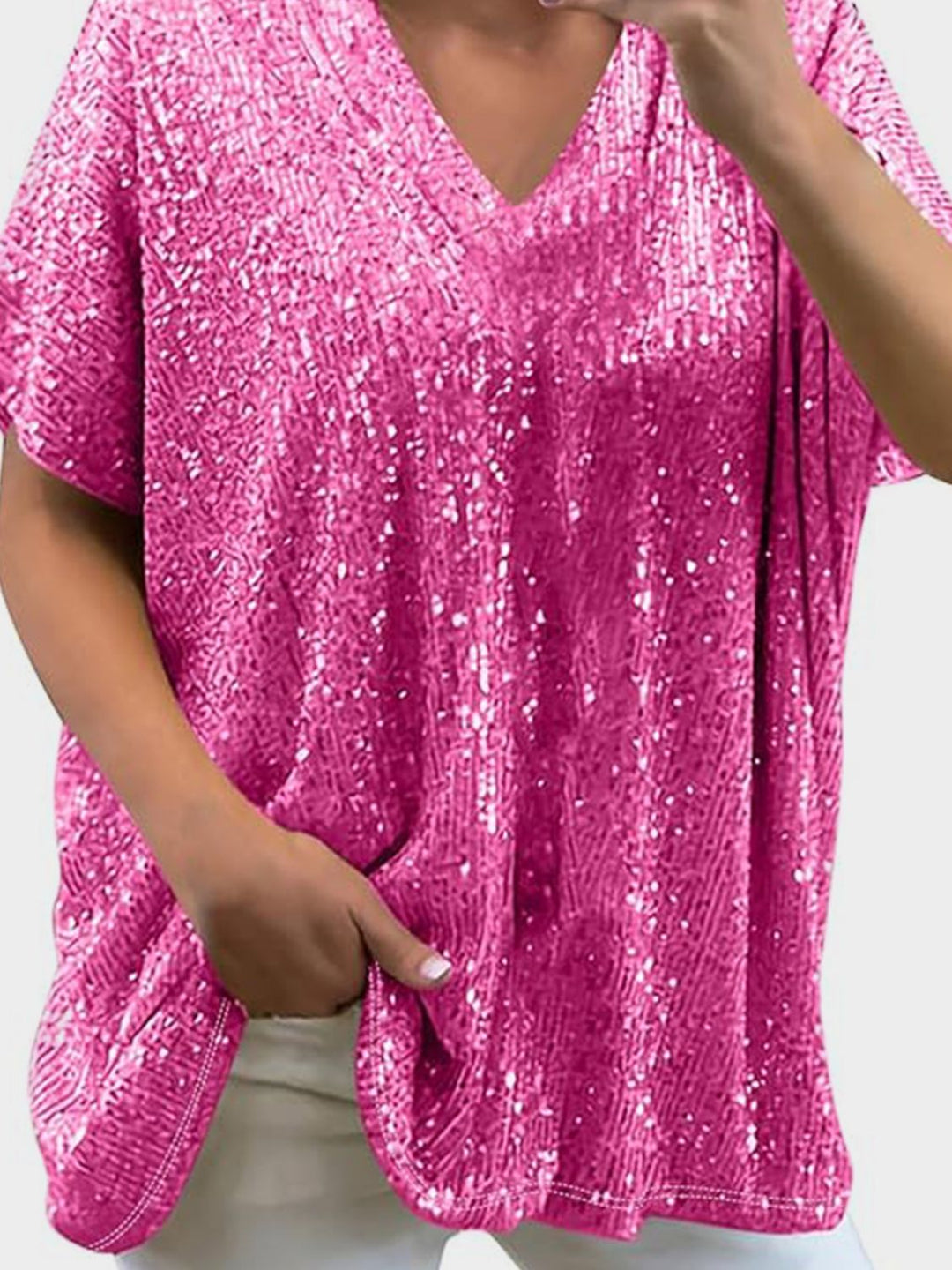 Stilla | Plus Size Paillet V-Hals Kortærmet Top