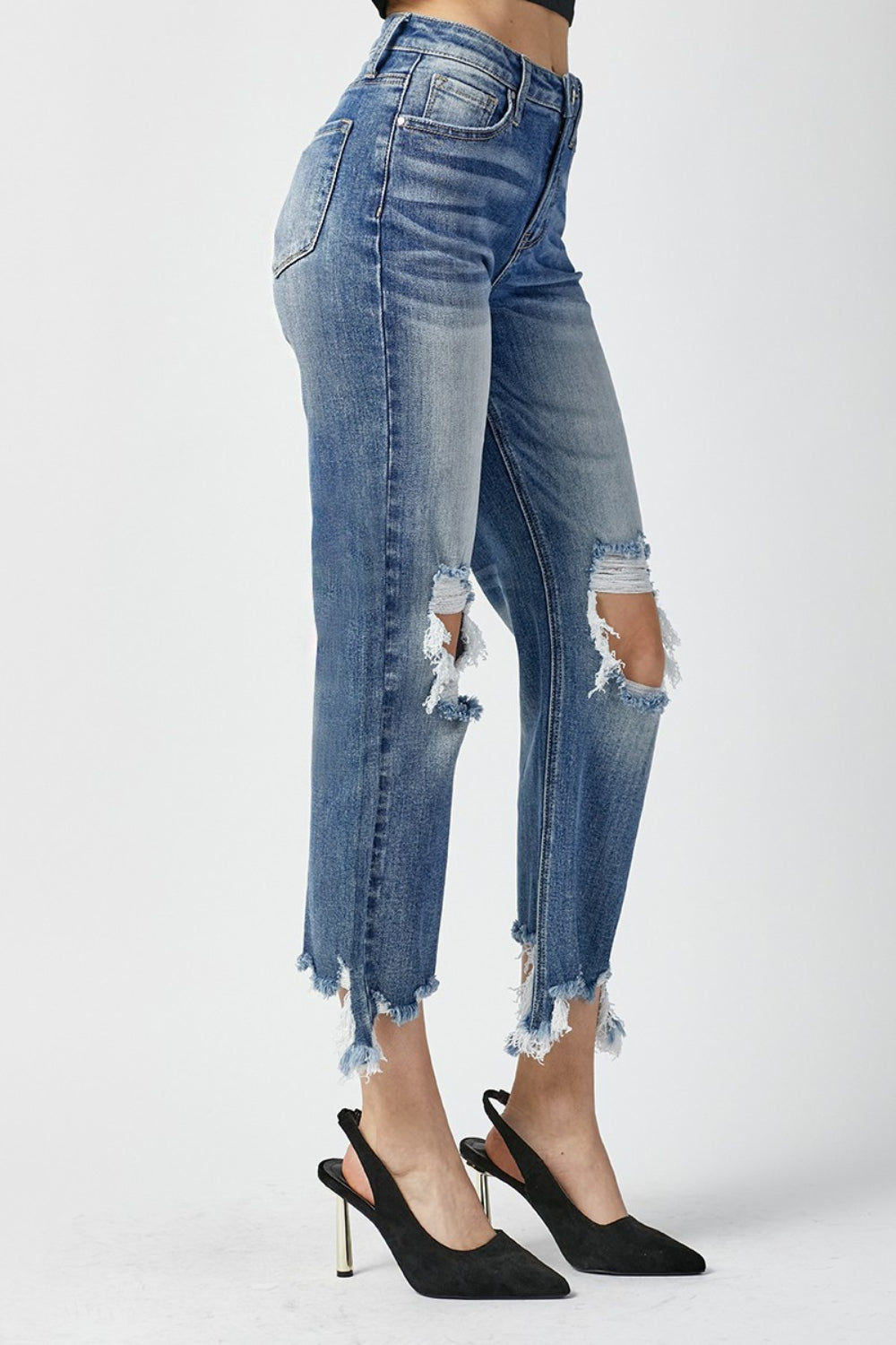 Stilla | Høj Talje Distressed Flosset Kant Beskåret Lige Jeans