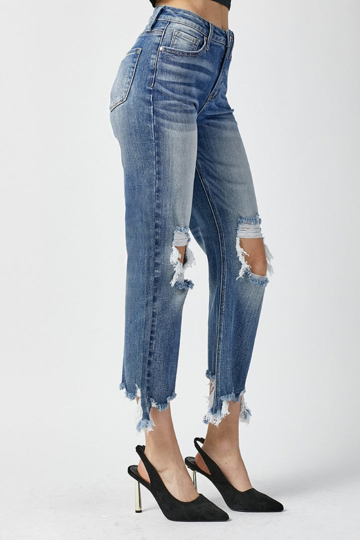 Stilla | Høj Talje Distressed Flæset Kante Cropped Straight Jeans