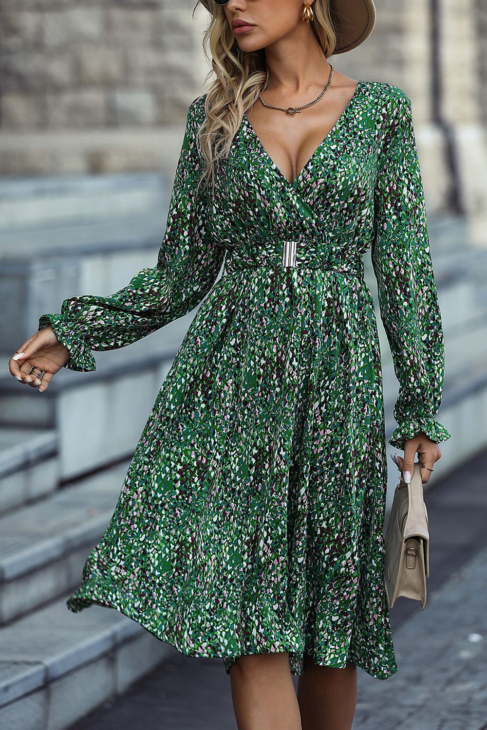 Stilla | Flounce Sleeve Surplice Neck Dress