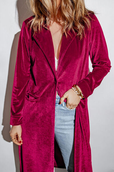 Stilla | Neck Longline Velvet Cardigan Med Lommer