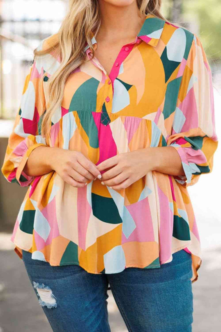 Stilla | Størrelse Printet Krave Halv Knap Top
