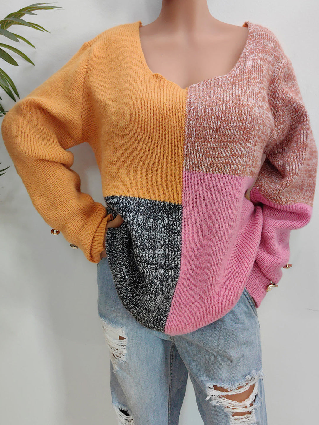 Stilla | Block Dekorativ Knap Langærmet Sweater