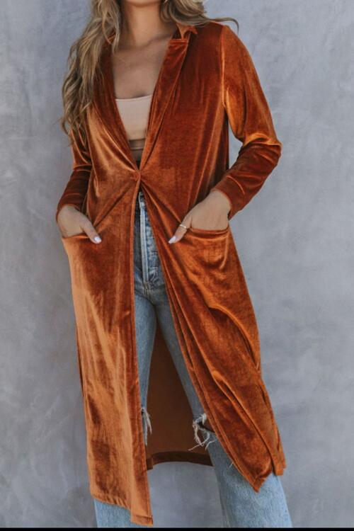 Stilla | Neck Longline Velvet Cardigan Med Lommer