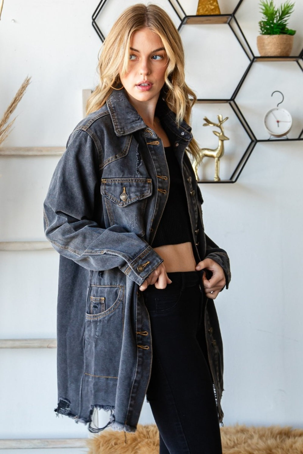 Stilla | Knap Up Distressed Flossede Kant Denim Jakke