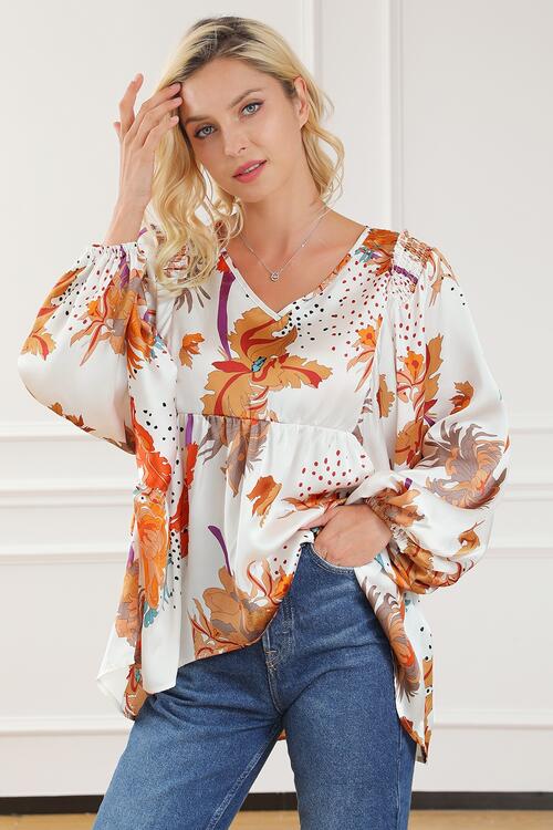 Stilla | V-hals Smocked Balloon Sleeve Bluse