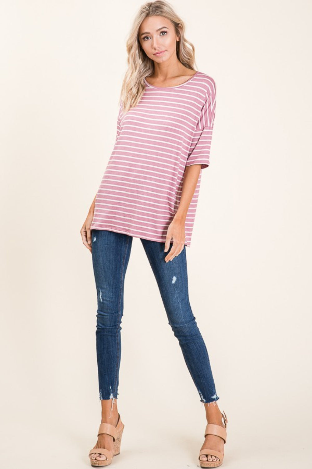 Stilla | Stribet Rund Hals Halv Ærme T-Shirt