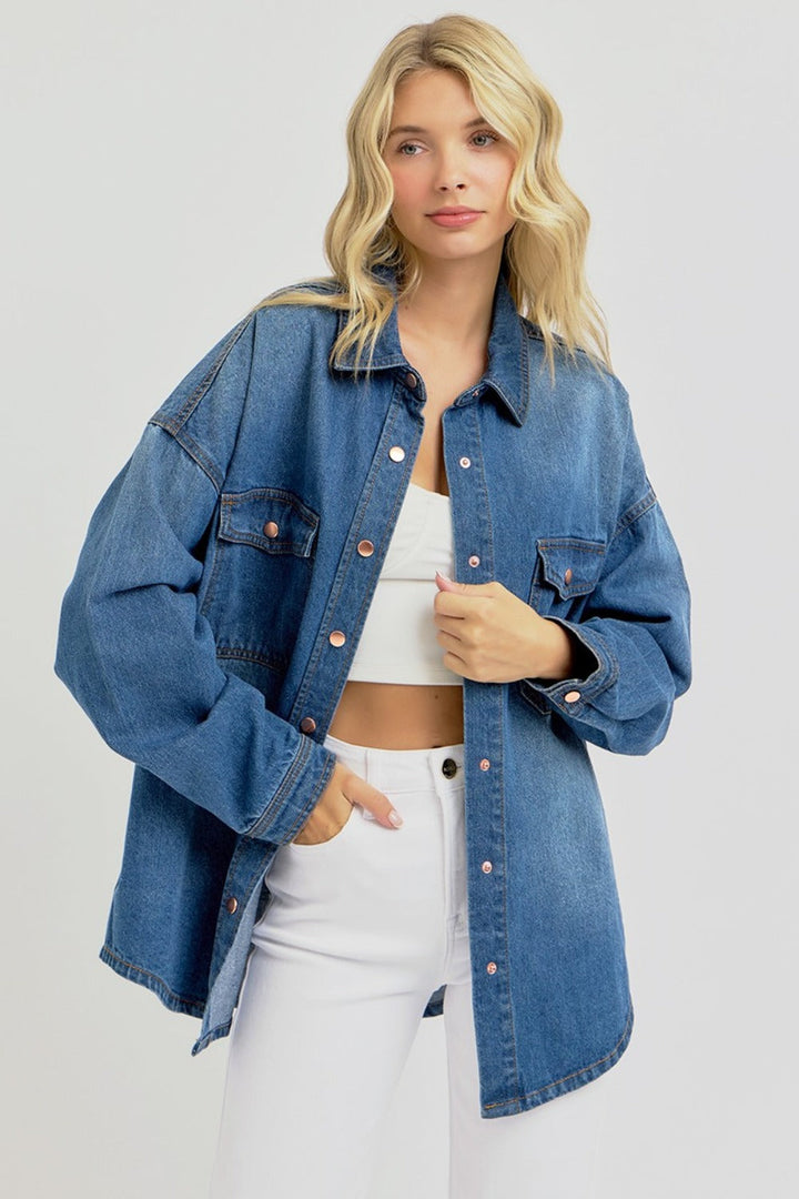 Stilla | Full Size Snap Down Langærmet Denim Shacket