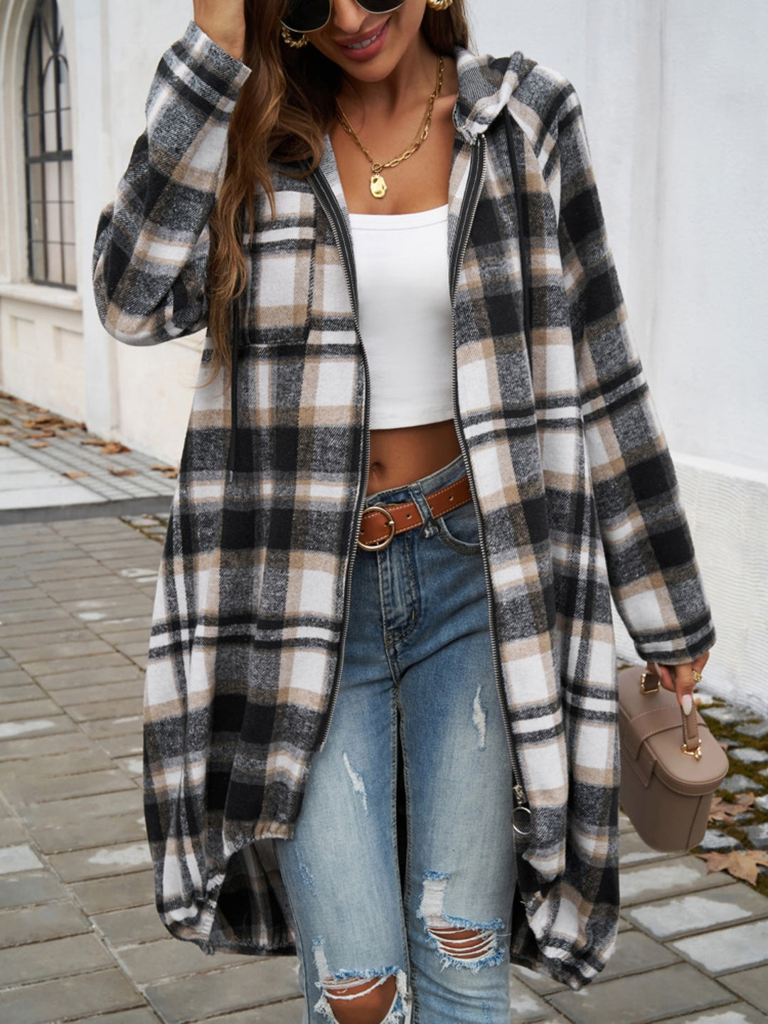 Stilla | Plaid Zip Up Hooded Coat