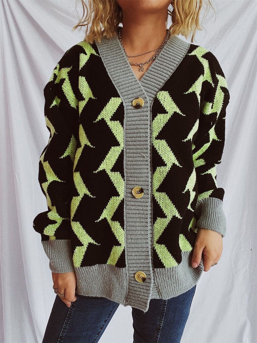 Stilla | Trim Geometrisk V-hals Langærmet Cardigan