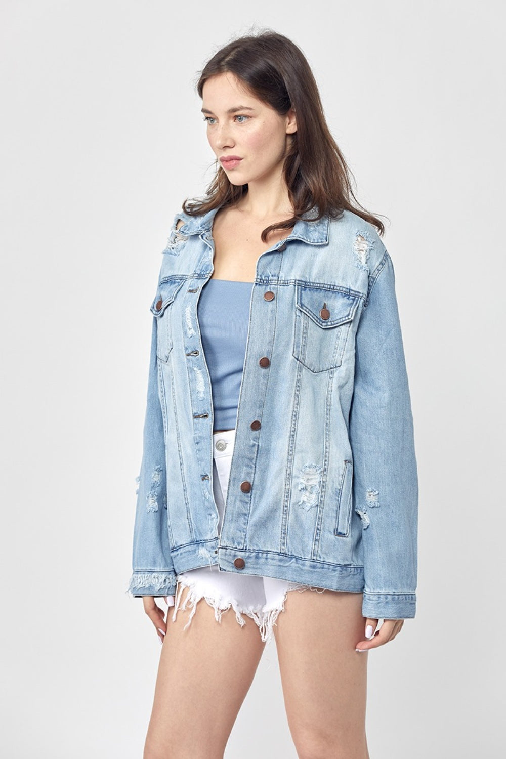 Stilla | Full Size Distressed Long Sleeve Denim Jacket