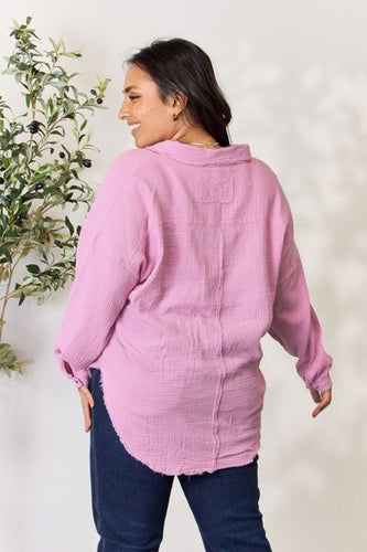 Stilla | Ful Size Texture Button up Raw Hem Langærmet Skjorte