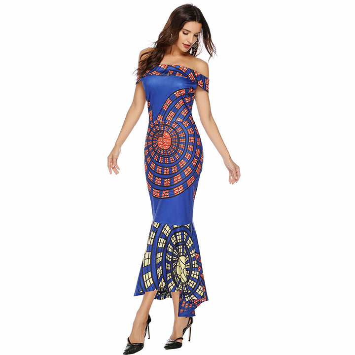 Kvindernes Off-Shoulder Maxi Kjole med Unikt Mønster og Asymmetrisk Kant Skovae