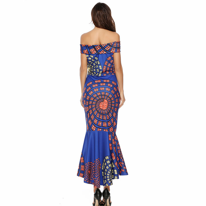 Kvindernes Off-Shoulder Maxi Kjole med Unikt Mønster og Asymmetrisk Kant Skovae
