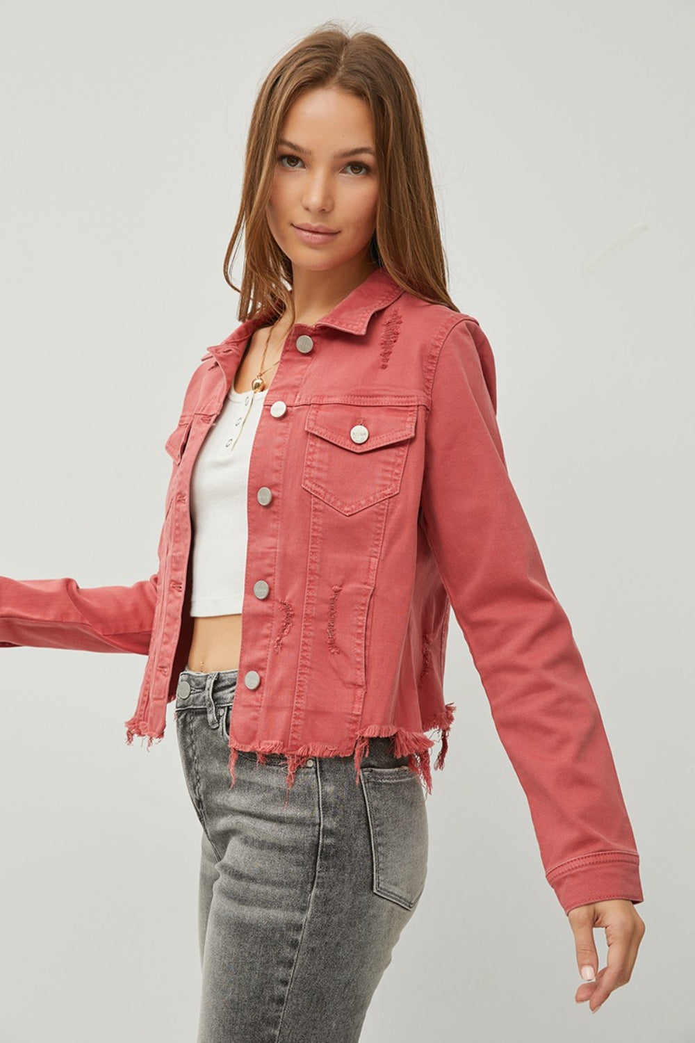 Stilla | Raw Hem Knappet Op Cropped Denim Jakke